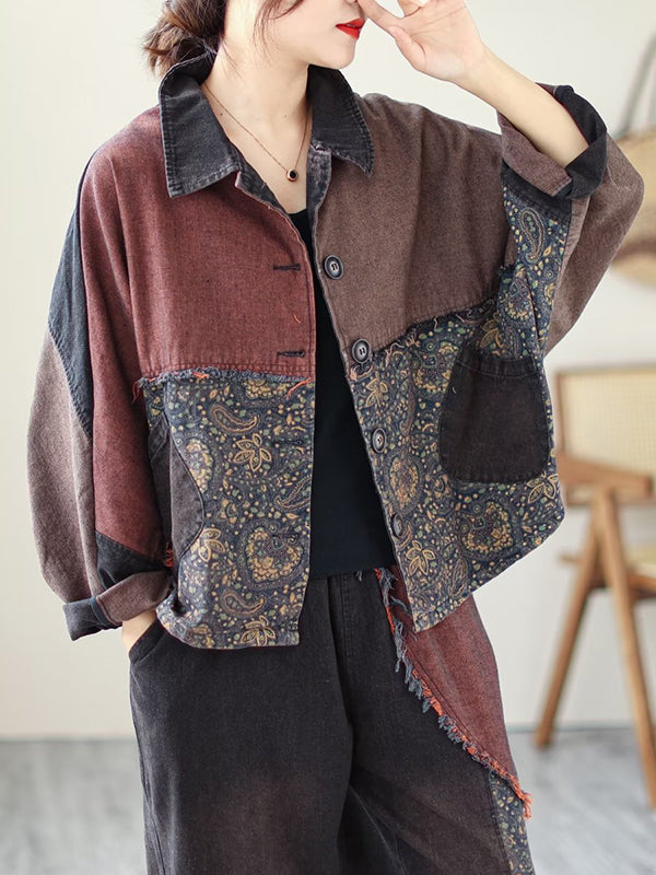 Contrast Color Fringed Split-Joint Long Sleeves Printed Outwear + Harem Pants  Two Pieces Set