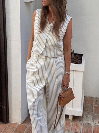 Loose Sleeveless Buttoned Striped V-Neck Vest Top + Pockets Pants Bottom Two Pieces Set