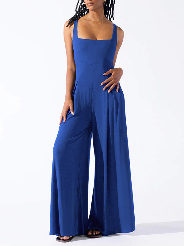 Loose Sleeveless Pleated Solid Color Spaghetti-Neck Jumpsuits
