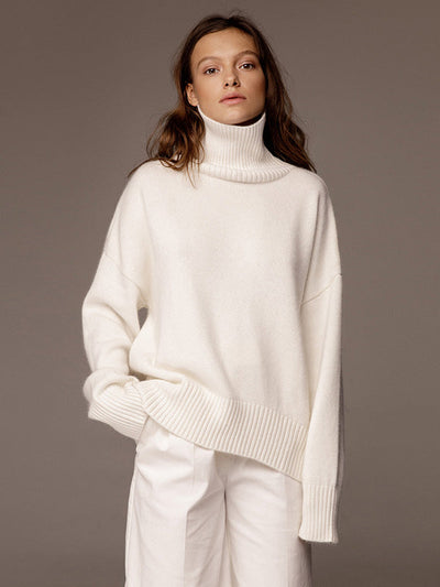 Casual Long Sleeves Loose Solid Color High-Neck Sweater Tops
