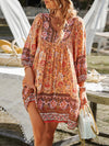 A-Line Loose Contrast Color Flower Print Pleated V-Neck Mini Dresses