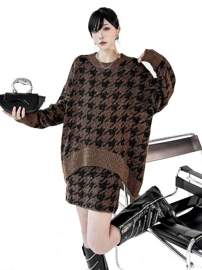 Contrast Color Split-Joint Ribs Shiny Swallow Gird/Houndstooth Round-Neck Sweater Tops + A-Line Elasticated Waist Skirts Bottoms  Two Pieces Set