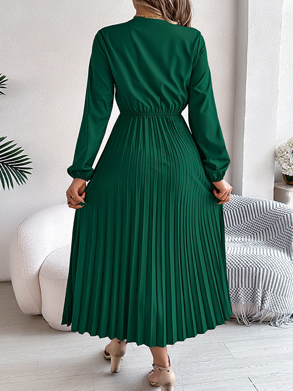 Elasticated Waist High Waisted Pleated Solid Color V-Neck Midi Dresses