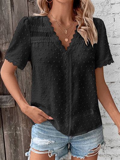 Loose Short Sleeves Jacquard Solid Color Split-Joint Textured V-Neck T-Shirts Tops