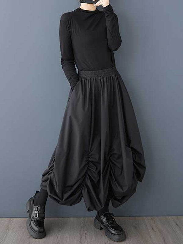 Loose Wide Leg Elasticity Pleated Pockets Solid Color Culotte Ninth Pants