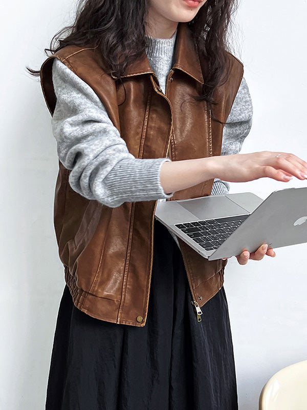 Long Sleeves Loose Solid Color Zipper Mock Neck Pullovers Sweater Tops