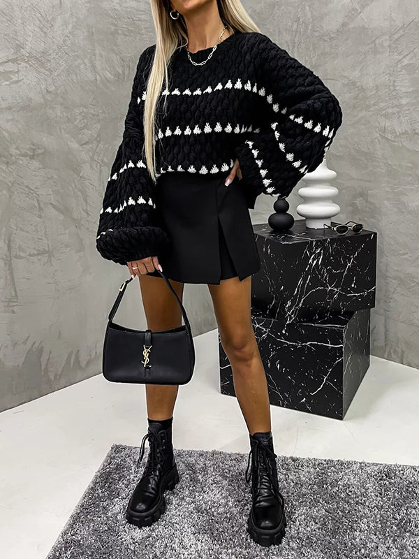 Loose Puff Sleeves Split-Joint Round-Neck Sweater Tops