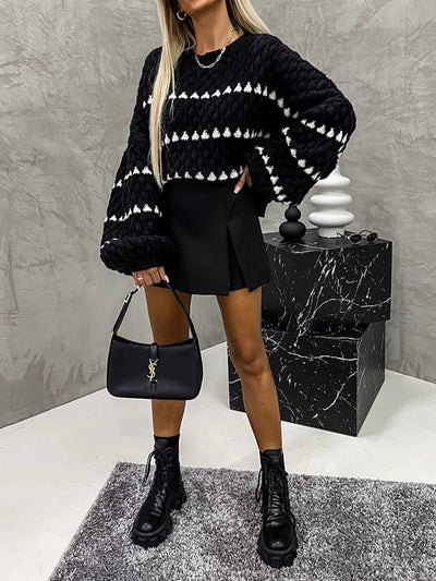 Loose Puff Sleeves Split-Joint Round-Neck Sweater Tops