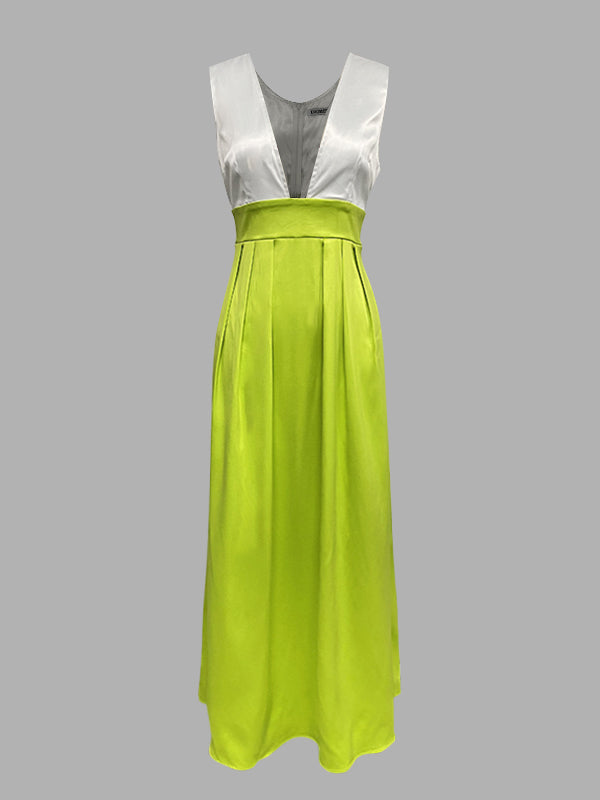 A-Line High Waisted Contrast Color Pleated Zipper Deep V-Neck Maxi Dresses