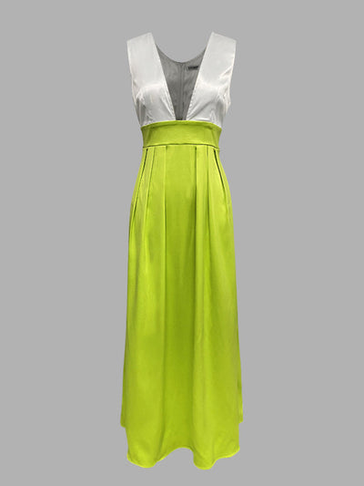 A-Line High Waisted Contrast Color Pleated Zipper Deep V-Neck Maxi Dresses