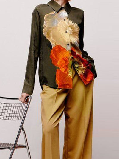 Long Sleeves Loose Floral Printed Split-Joint Lapel Blouses&Shirts Tops