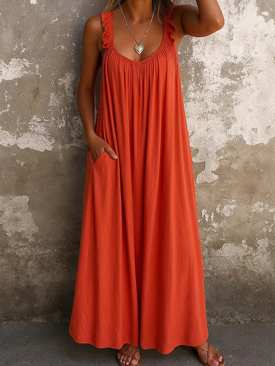 A-Line Loose Pleated Pockets Ruffled Solid Color Split-Joint U-Neck Maxi Dresses