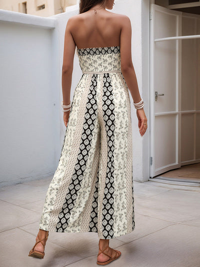 High Waisted Sleeveless Backless Contrast Color Pleated Printed Split-Joint Tied Twist Tube Jumpsuits