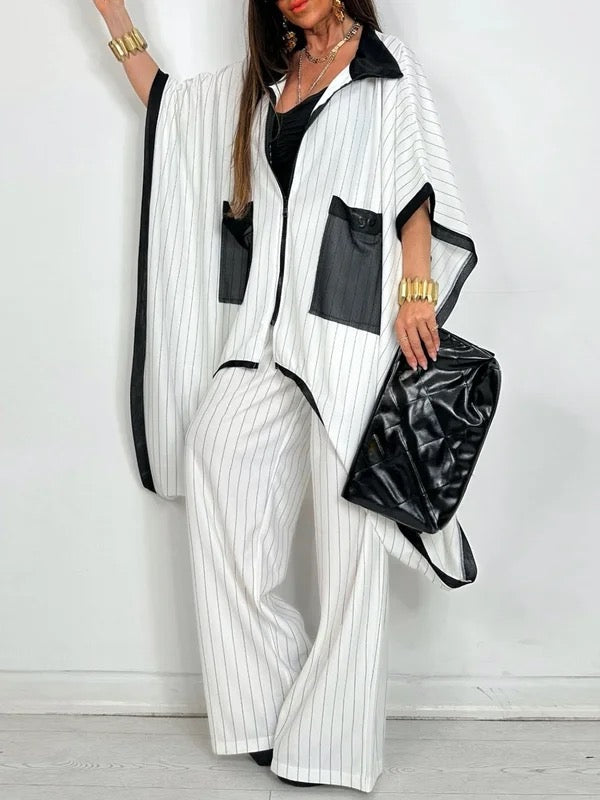 Half Sleeves Loose Pockets Striped Zipper Lapel Blouses&Shirts Tops Outerwear