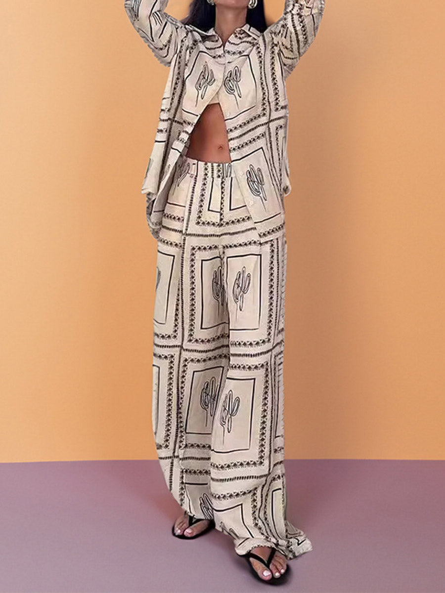 Loose Contrast Color Geometric Printed Split-Joint Long Sleeves Buttoned Lapel Blouses&Shirts Tops +  Pants Two Pieces Set