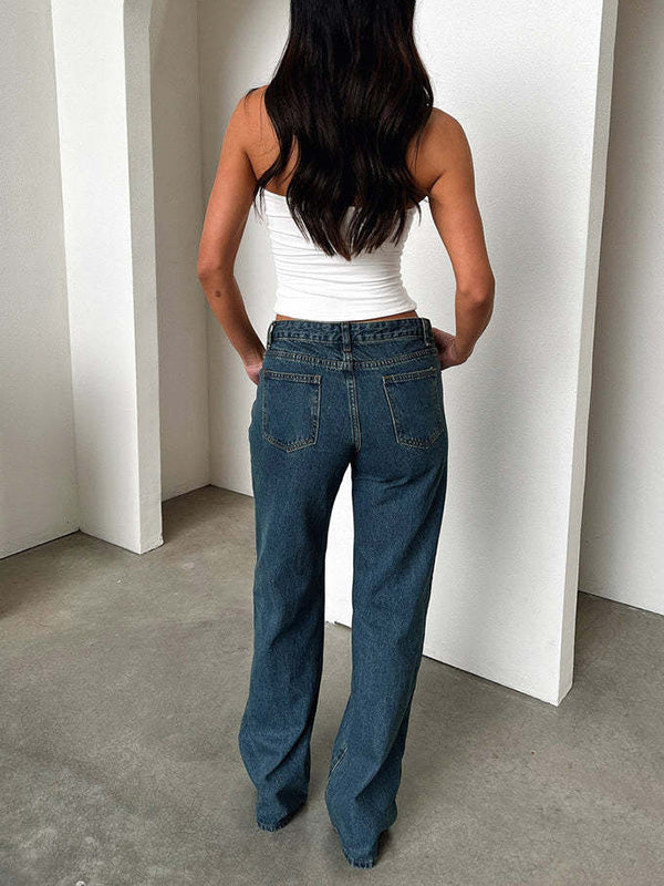 High Waisted Straight Leg Split-Joint Jean Pants Bottoms