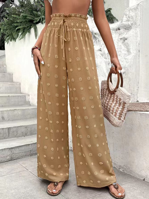 High Waisted Loose Drawstring Elasticity Jacquard Solid Color Pants Trousers