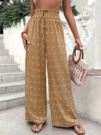 High Waisted Loose Drawstring Elasticity Jacquard Solid Color Pants Trousers