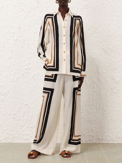 Loose Wide Leg Plaid Striped Tied Waist Casual Pants Bottoms Trousers