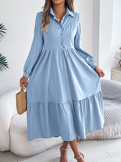 High Waisted Long Sleeves Pleated Ruffled Solid Color Lapel Midi Dresses Shirt Dress