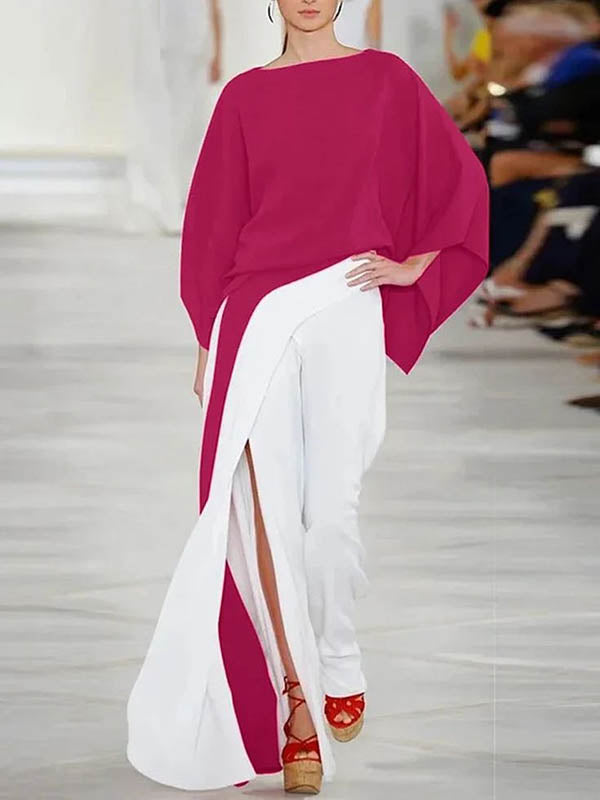Batwing Sleeves Loose Solid Color Split-Joint Round-Neck Blouses