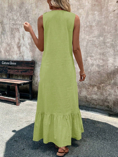 A-Line Loose Pleated Ruffle Trim Solid Color V-Neck Maxi Dresses