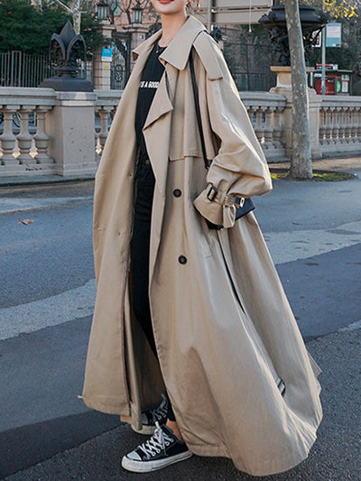 Long Sleeves Loose Buckle Buttoned Split-Back Tied Waist Lapel Outerwear Trench Coats