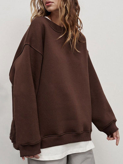 Long Sleeves Loose Solid Color Round-Neck Sweatshirt Tops