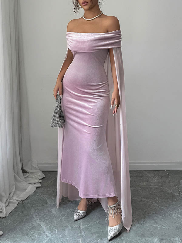 Bodycon Cape Solid Color Velvet Off-the-shoulder Midi Dresses