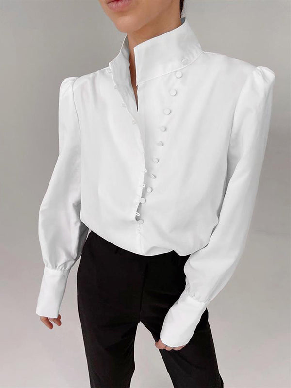 Long Sleeves Loose Solid Color Split-Joint High-Neck Blouses