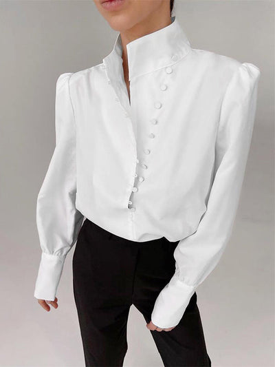 Long Sleeves Loose Solid Color Split-Joint High-Neck Blouses