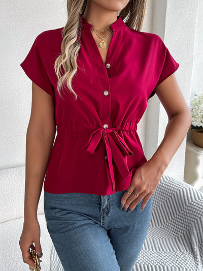 Short Sleeves Buttoned Comfort Solid Color Tied Waist Stand Collar Blouses&Shirts Tops