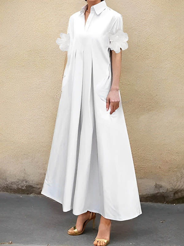 A-Line Loose Pleated Solid Color Split-Joint Lapel Maxi Dresses Shirt Dress