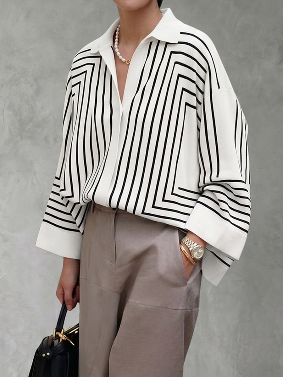 Long Sleeves Loose Buttoned Line Printed Lapel Blouses&Shirts Tops