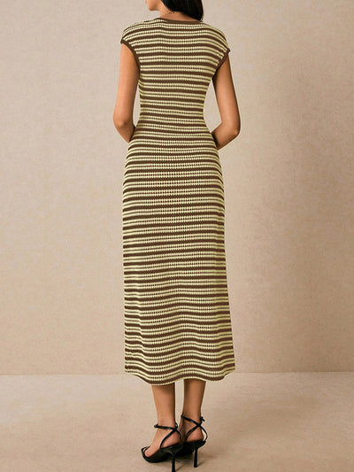 Sleeveless Contrast Color Split-Joint Striped Round-Neck Midi Dresses