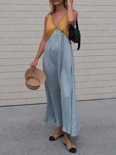 Loose Sleeveless Contrast Color Split-Joint Deep V-Neck Maxi Dresses