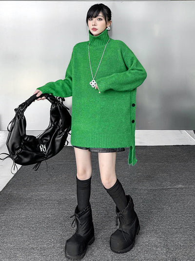 Irregularity Long Sleeves Buttoned Ribs Solid Color Split-Joint High Neck Sweater Tops