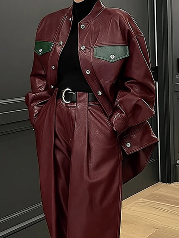 Long Sleeves Loose Buttoned Pockets Solid Color Round-Neck Jackets Outerwear