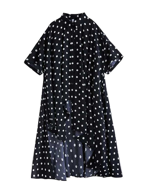 A-Line High-Low Asymmetric Buttoned Polka-Dot Lapel Midi Dresses Shirt Dress