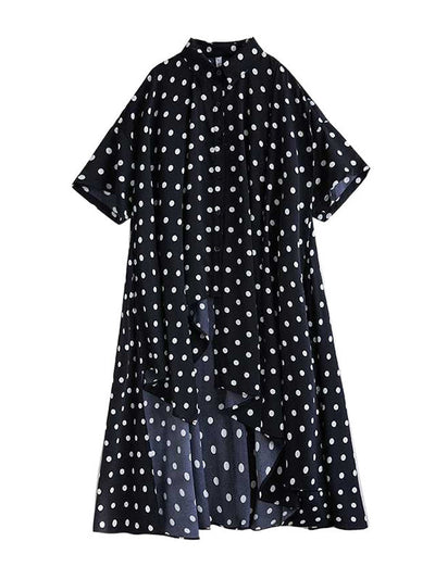 A-Line High-Low Asymmetric Buttoned Polka-Dot Lapel Midi Dresses Shirt Dress
