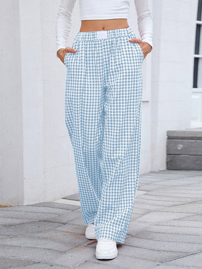 Elasticated Waist High Waisted Contrast Color Plaid Pockets Split-Joint Pants Trousers