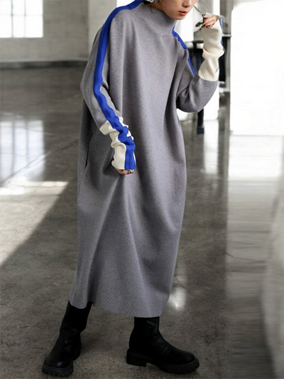 Long Sleeves Loose Contrast Color Stand Collar Maxi Dresses