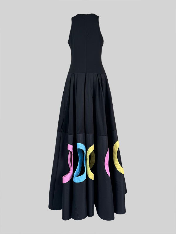 Sleeveless Hollow Pleated Split-Joint Round-neck Maxi Dresses