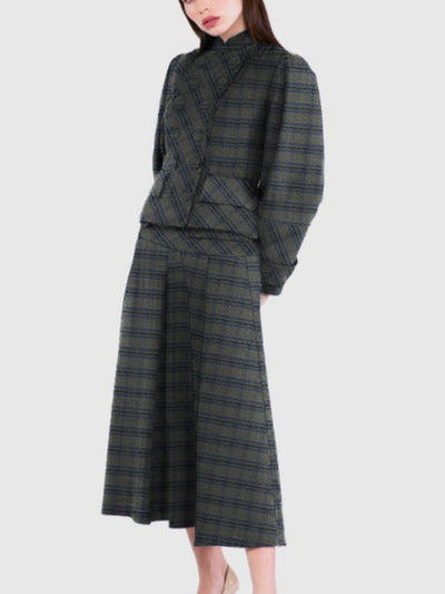 A-Line Long Sleeves Buttoned Plaid Split-Joint Stand Collar Sets Two-Piece Sets