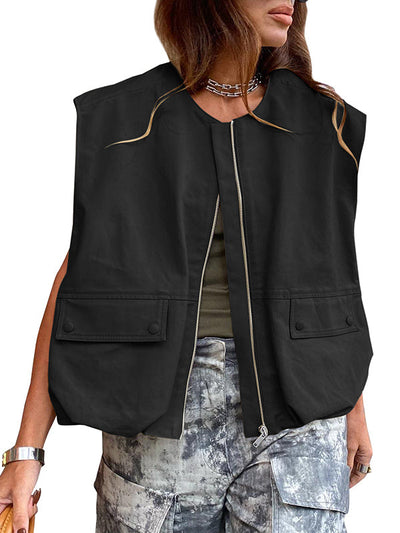 Loose Sleeveless Pockets Split-Joint Zipper Round-Neck Vest Outerwear