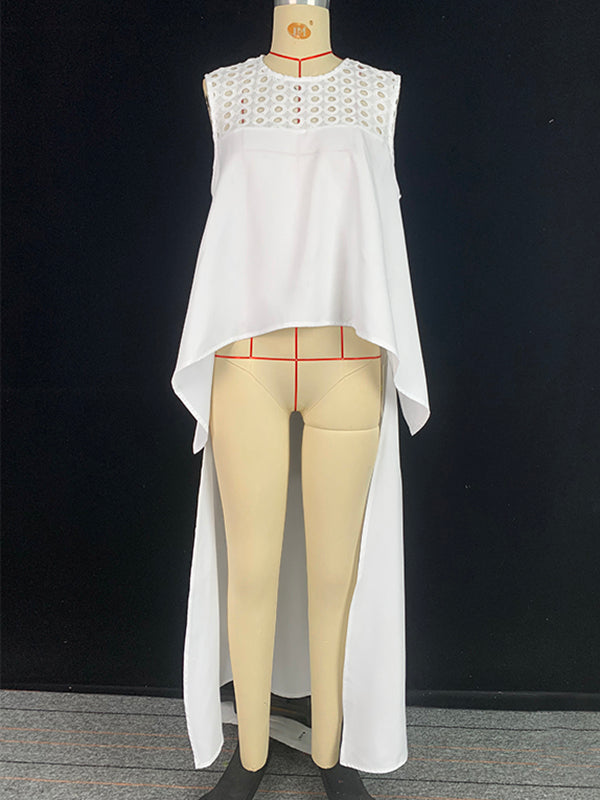 High-Low Loose Embroidered Solid Color Round-Neck Vest Top
