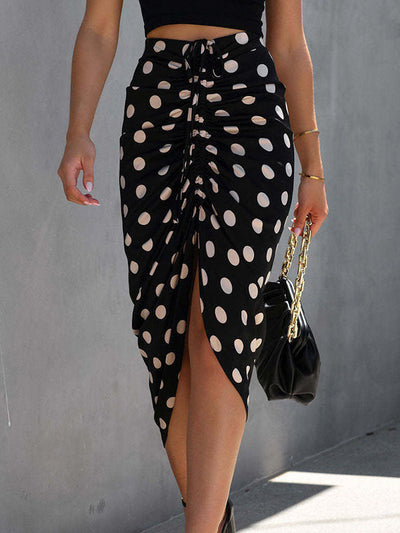Bodycon High Waisted Drawstring Pleated Polka-Dot Split-Front Skirts Bottoms