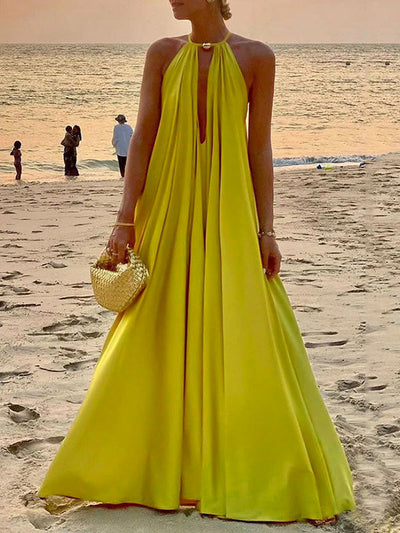 Sleeveless Solid Color Deep V-Neck Maxi Dresses