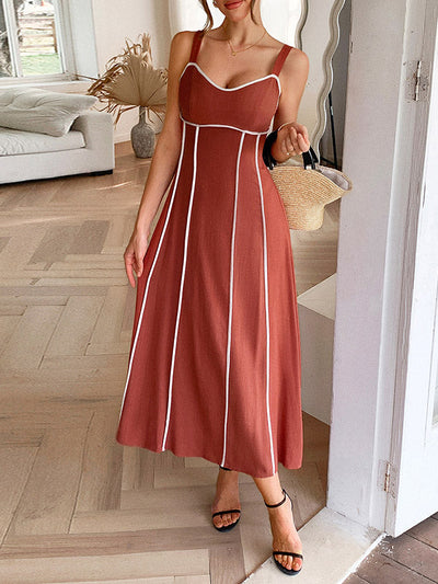 A-Line High Waisted Contrast Color Zipper Spaghetti-Neck Midi Dresses