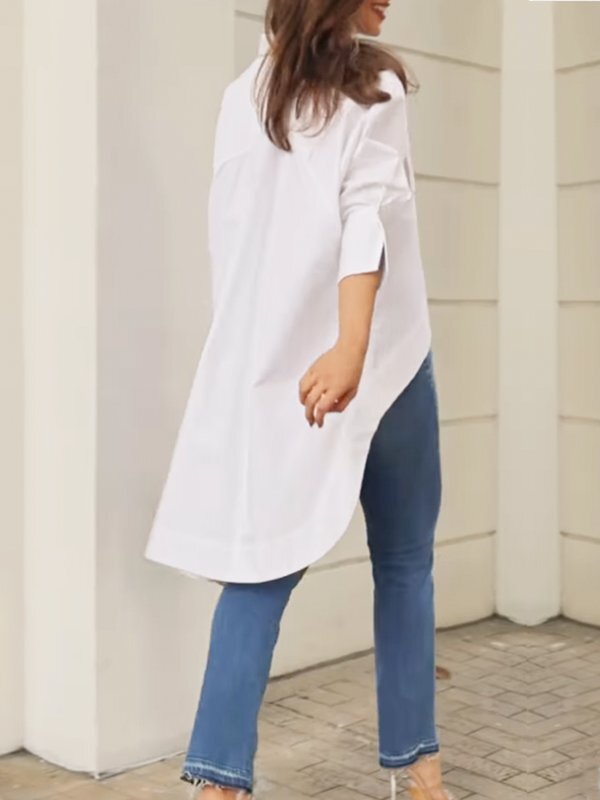 High-Low Long Sleeves Buttoned Pockets Solid Color Split-Joint Lapel Blouses&Shirts Tops
